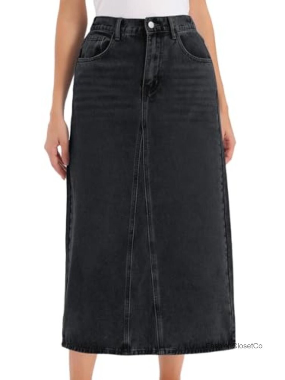 Womens High Waist A Line Denim Midi Skirt Back Slit Pockets